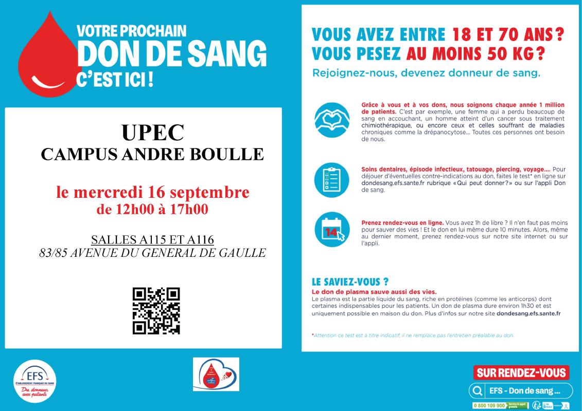 Don de sang : l'EFS vous donne rendez-vous à l'UPEC le 16 septembre