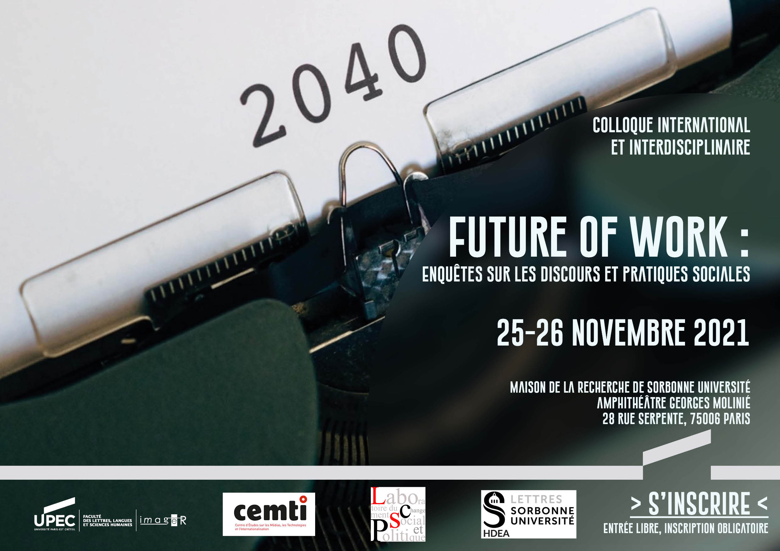 Affiche Colloque international et interdisciplinaire « ‘Future of work’ : Enquêtes sur les discours et pratiques sociales » 